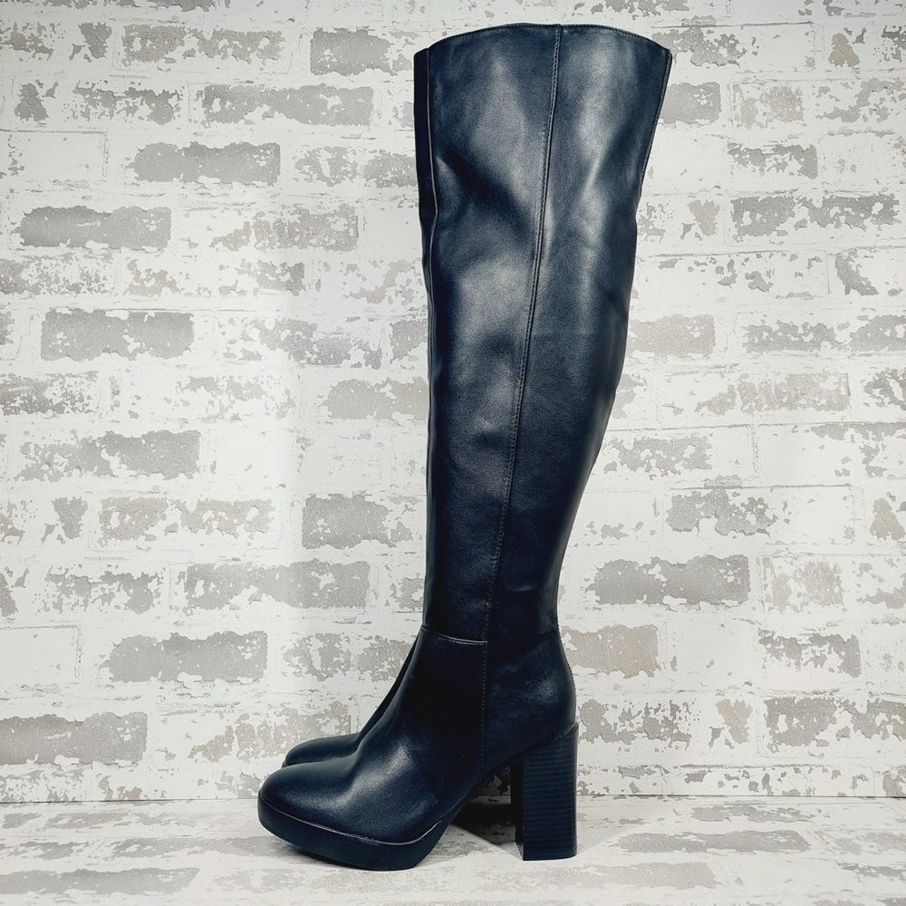NEW NY&C Black Leather Knee High Heel Zip Riding Tall High Block Heel Boots M206